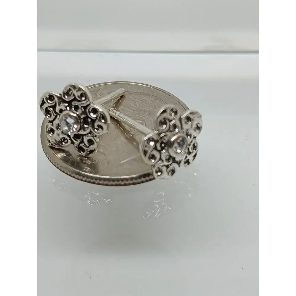 Vintage 1990's Jewelry NOS .925 Sterling Silver Clear AB Crystal Flower Earrings